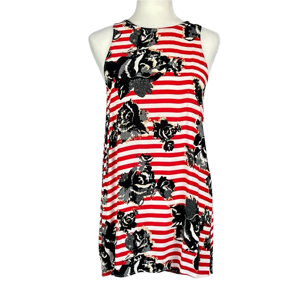 Wayf Womens Sleeveless Shift Mini Dress Red White Striped Floral size XS